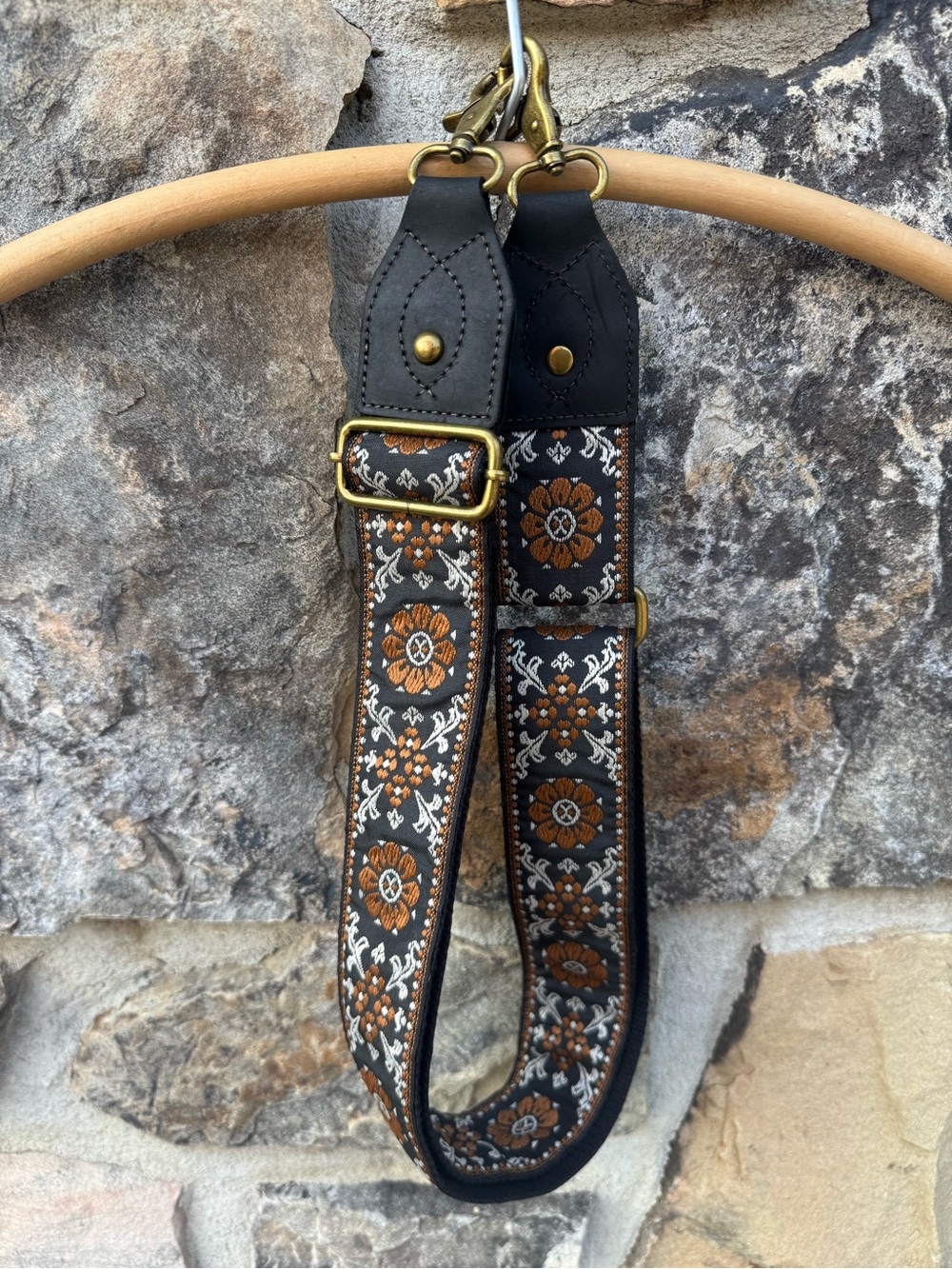 Adjustable Black Crossbody Strap with Brown Floral Jacquard Boho Whimsigoth